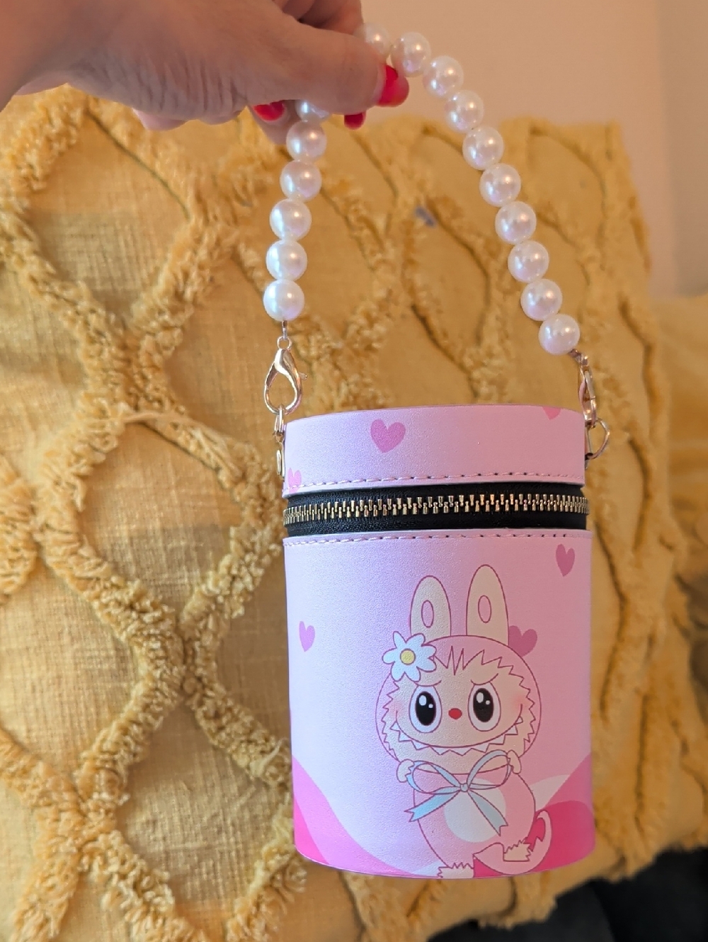 Kids Cute Bunny Cylinder Purse with Pearl Handle - Pink